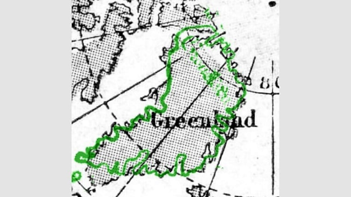 Kontury Grenlandii z Mapy Winlandii (kolor zielony) nałożone na mapę z poczatków XX w. Źródło:<a href='https://pl.wikipedia.org/wiki/Mapa_Winlandii#/media/Plik:Vinland-map_greenland.jpg' rel='noopener'>domena publiczna</a>.