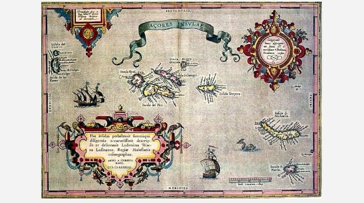 Przedstawienie archiepalgu Azorów na mapie z 1584 r. Źródło: <a href='https://en.wikipedia.org/wiki/History_of_the_Azores#/media/File:Azores_old_map.jpg' rel='noopener'>domena publiczna</a>.