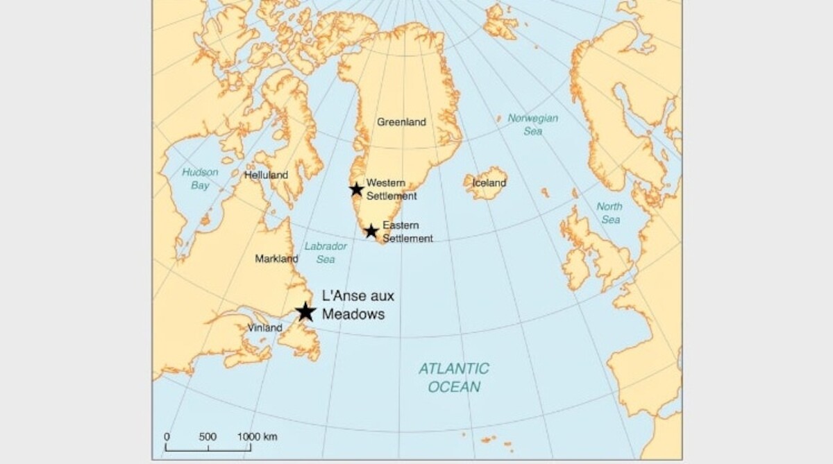 Obszary północnoatlantyckie, do których dotarli wikingowie. Źródło: M. Kuitems i in., Evidence for European presence in the Americas in ad 1021, Nature (2021), s. 7.