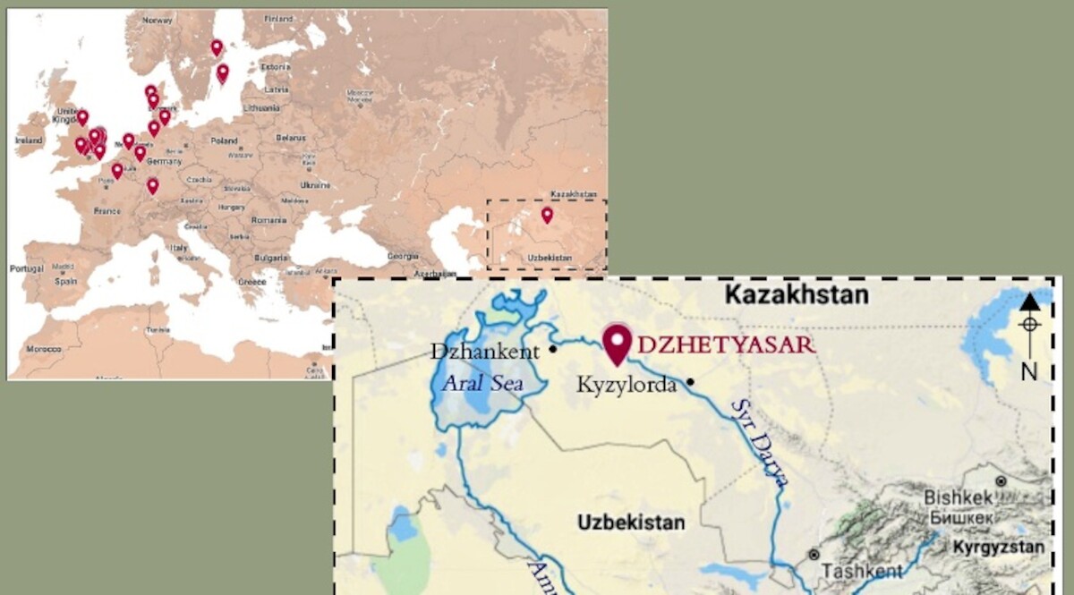 Znaleziska lir lub ich fragmentów na obszarze Europy oraz lokalizacja Dżetyasaru w Kazachstanie. Źródło: G. Kolltveit, The Sutton Hoo lyre and the music of the Silk Road: a new find of the fourth century AD reveals the Germanic lyre's missing eastern connections, Antiquity, 384 (2021), s. 2, ryc. 1.