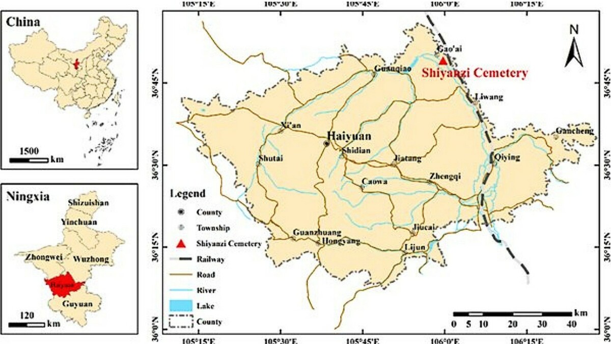 Lokalizacja cmentarzyska w Shiyanzi, Chiny. Źródło: <a href='https://www.researchgate.net/publication/355356702_Hiding_a_leaf_in_the_forest_uncovering_a_1300-year-old_homicide_case_in_a_2000-year-old_cemetery' rel='noopener'>Archaeological and Anthropological Sciences</a>.