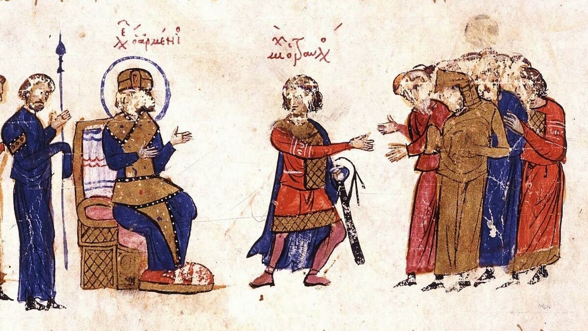 Miecz z rękojeścią zakończoną pierścieniem w manuskrypcie kroniki Jana Skylitzesa (XII-XIII w.). Źródło: <a href='https://www.loc.gov/resource/gdcwdl.wdl_10625/?sp=35&r=-0.501,-0.074,2.002,1.482,0' rel='noopener'>Library of Congress</a>.