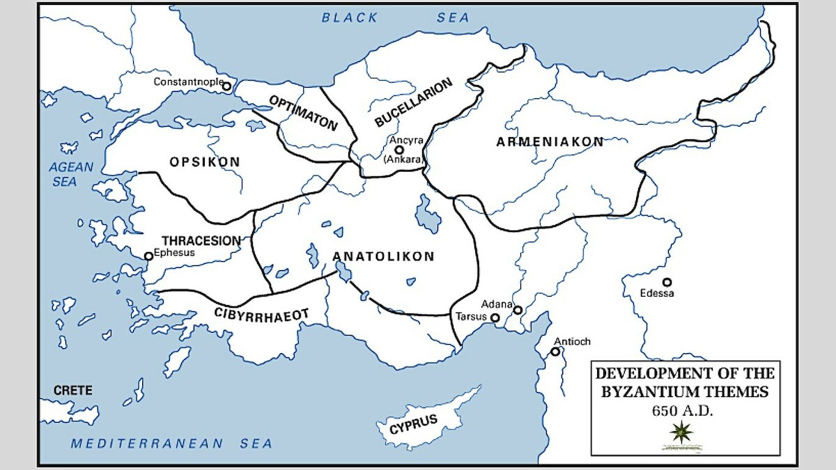 System temów w bizantyjskiej Azji Mniejszej w połowie VII w. Źródło: <a href='https://pl.wikipedia.org/wiki/Tem_(historia)#/media/Plik:Byzantine_Empire_Themata-650.png' rel='noopener'>domena publiczna</a>.