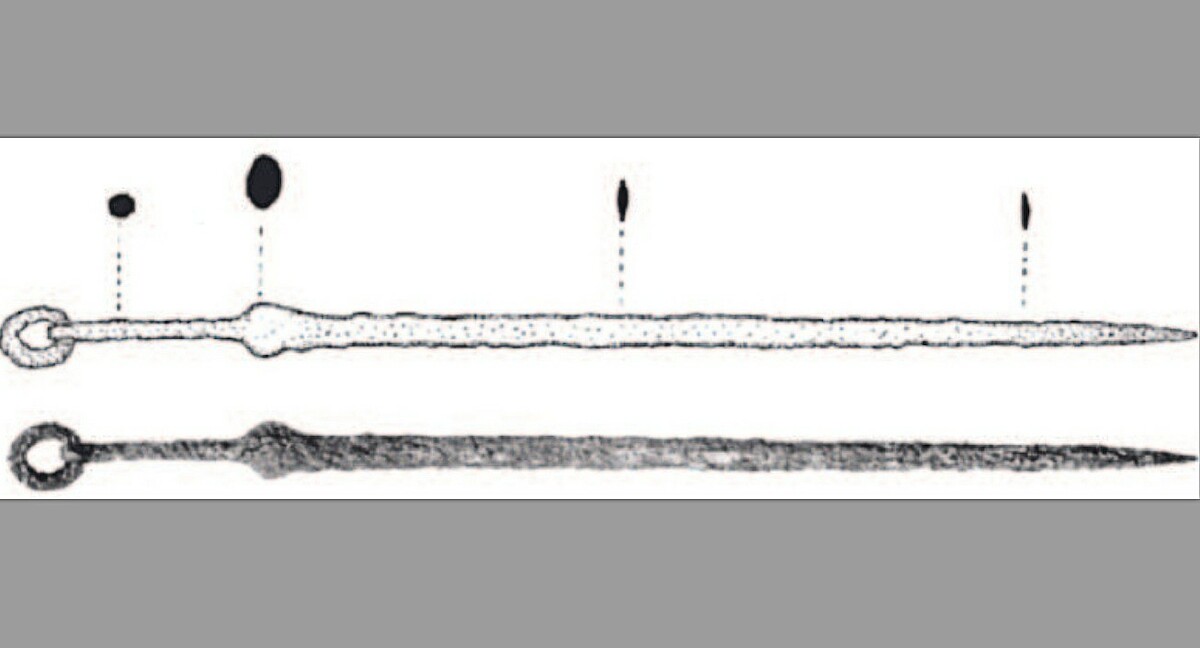 Hybrydowy miecz bizantyjski z rękojeścią zakończoną pierścieniem, X-XI w. Amorium (Turcja). Źródło: Errikos Maniotis, Zeliha Gökalp-Demirel,Ring pommeled swords from Amorium, Journal of Art History, t. 30 (2021), s. 1298, ryc. 11. 