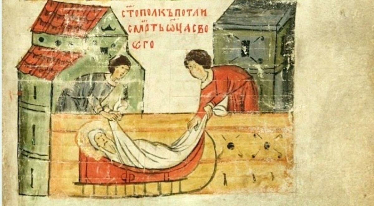 Umieszczanie w saniach ciała zmarłego Włodzimierza I Wielkiego. Ilustracja z Kodeksu Sylwestra. Za: „Сказание о Борисе и Глебе”, t. 1: „Факсимильное воспроизведение житийных повестей из Сильвестровского сборника (2-я половина XIV века)”, Москва 1985, k. 57.