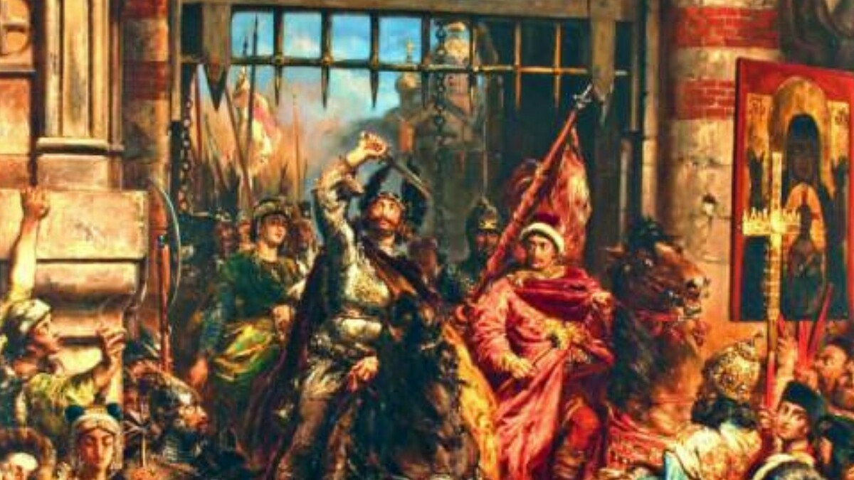 Bolesław I Chrobry ze Szczerbcem i Światopełkiem pod Złotą Bramą w Kijowie. Obraz Jana Matejki (XIX w.). Źródło: <a href='https://pl.wikipedia.org/wiki/Boles%C5%82aw_I_Chrobry#/media/Plik:Matejko-chrobry_at_Kiev_(Kijow).jpg' rel='noopener'>domena publiczna</a>.