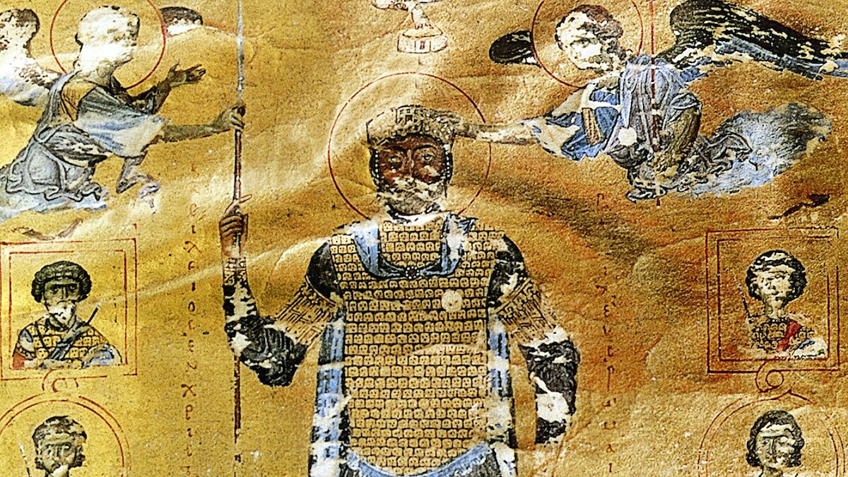 Bazyli II Bułagrobójca w zbroi generała. Przedstawienie z psałterza z XI w. Źródło: <a href='https://de.wikipedia.org/wiki/Basileios_II.#/media/Datei:BasilII.jpg' rel='noopener'>domena publiczna</a>.