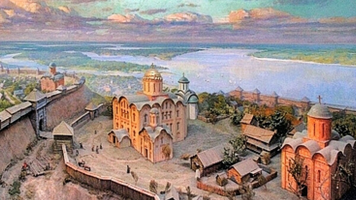 Rekonstrukcja wczesnośredniwoiecznego Kijowa. Źródło: <a href='https://uk.wikipedia.org/wiki/%D0%86%D1%81%D1%82%D0%BE%D1%80%D1%96%D1%8F_%D0%9A%D0%B8%D1%94%D0%B2%D0%B0#/media/%D0%A4%D0%B0%D0%B9%D0%BB:%D0%9A%D0%B8%D1%97%D0%B2_%D0%B4%D1%80%D0%B5%D0%B2%D0%BD%D1%96%D0%B9.jpg' rel='noopener'>domena publiczna</a>.