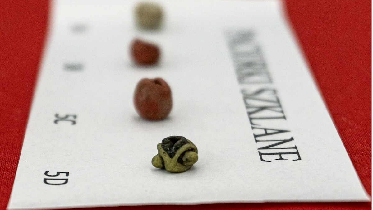 Paciorki szklane z odzyskanego skarbu biżuterii wczesnośredniowiecznej z Podlasia. Źródło: <a href='https://wuoz.bialystok.pl/unikalne-odkrycie-w-naszym-wojewodztwie/' rel='noopener'>Wojewódzki Urząd Ochrony Zabytków w Białymstoku </a>.