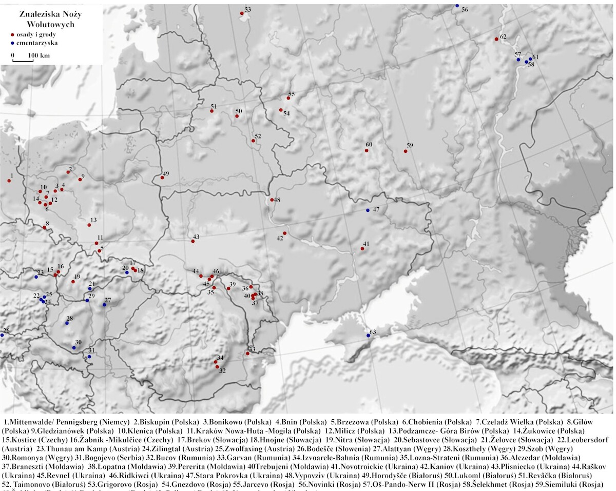 Mapa znalezisk noży wolutowych, oprac. Jakub Karol Pawlicki.
