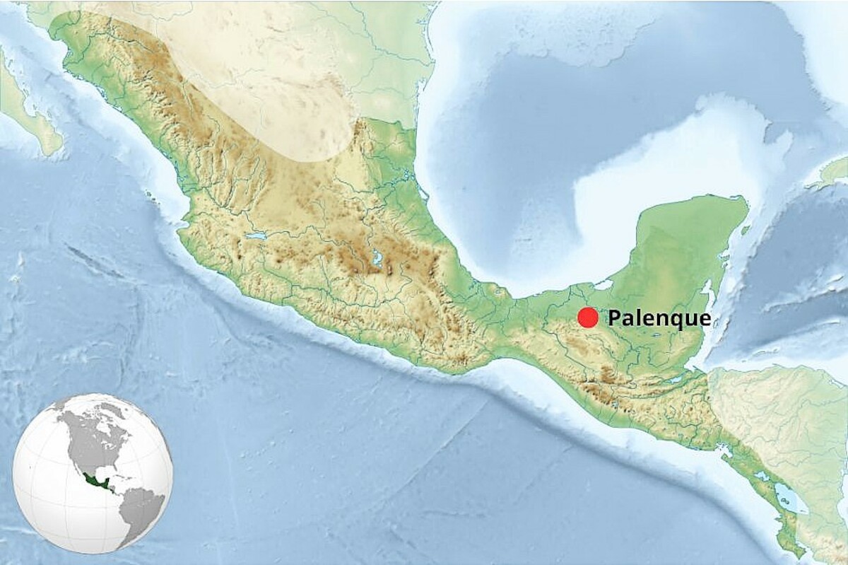 Lokalizacja Palenque w stanie Chiapas w Meksyku. Źródło: <a href='https://en.wikipedia.org/wiki/Palenque#/media/File:Mesoamerica_topographic_map-blank.svg' rel='noopener'>domena publiczna</a>.