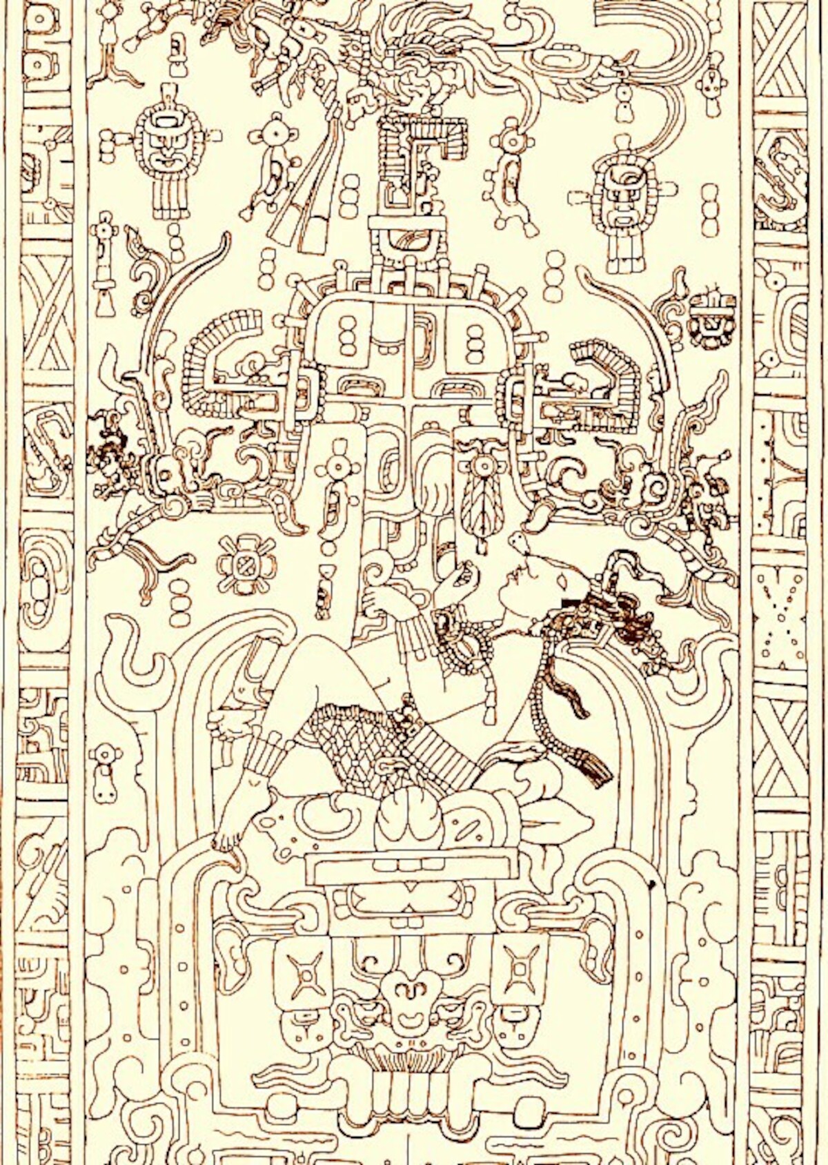 Relief z płyty nagrobnej Pakala Wielkiego z jego grobowca w Świątyni Inskrypcji w Palenque. Źródło: <a href='https://pl.wikipedia.org/wiki/%C5%9Awi%C4%85tynia_Inskrypcji#/media/Plik:Pakal_the_Great_tomb_lid.png' rel='noopener'>domena publiczna</a>.