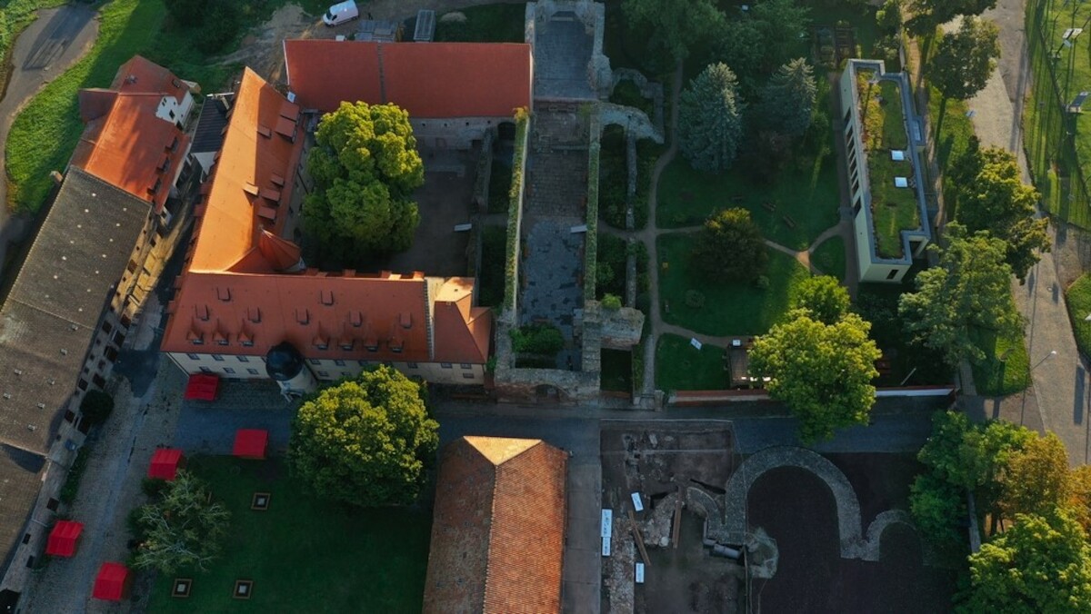 Prace archeologiczne po północnej stronie kościoła wzniesionego przez Ottona II. Po prawej stronie widoczne relikty fundamentów nieznanej dotąd budowli w obrębie klasztoru. Fot. Holger Grönwald. Źródło: <a href='https://archlsa.de/oeffentlichkeitsarbeit/presseinformationen/2023/28923-memleben-kloster-und-pfalz.html#&gid=lightbox-group-16751&pid=12' rel='noopener'>LDA</a>.
