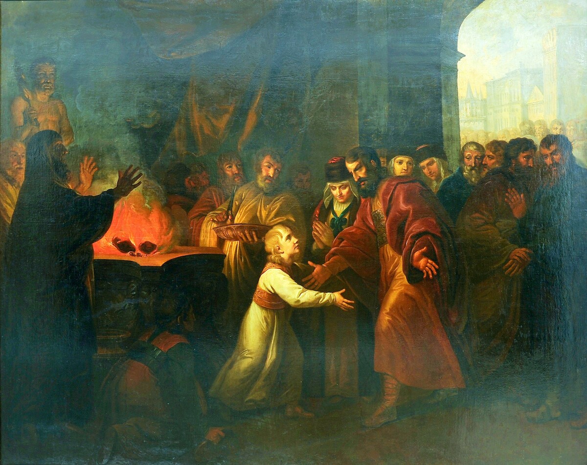 Mieczysław I (Mieszko I) odzyskuje wzrok podczas świętego obrzędu postrzyżyn. Obraz Jana Peszki (ok. 1810). Muzeum Narodowe w Warszawie (depozyt w Muzeum Początków Państwa Polskiego w Gnieźnie).