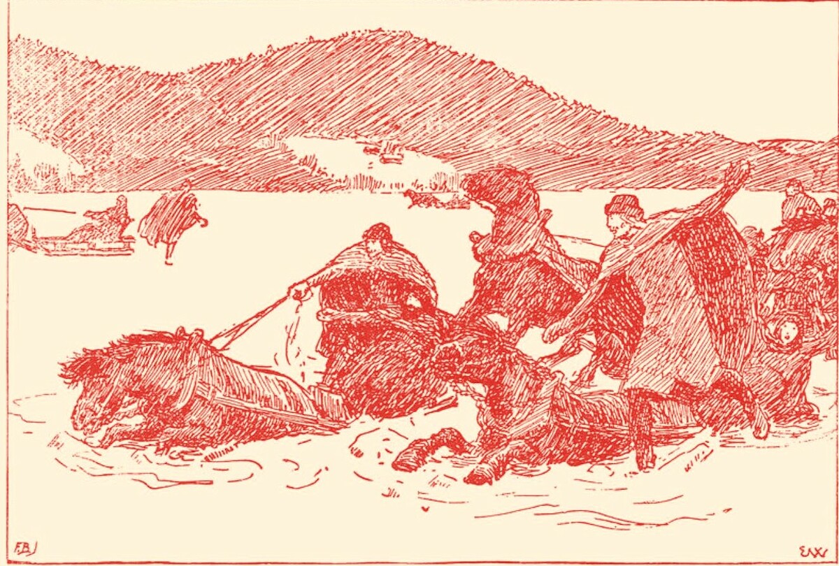 Lód załamuje się pod Halfdanem na jeziorze.Ilustracja Erika Werenskiolda do Heimskringli. Źródło: domena publiczna.