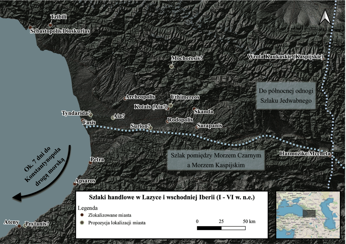 Przebieg szlaków handlowych w Lazyce.Dane wysokościowe NASA Shuttle Radar Topography Mission (SRTM 2013). Oprac. M. Wieczorek.