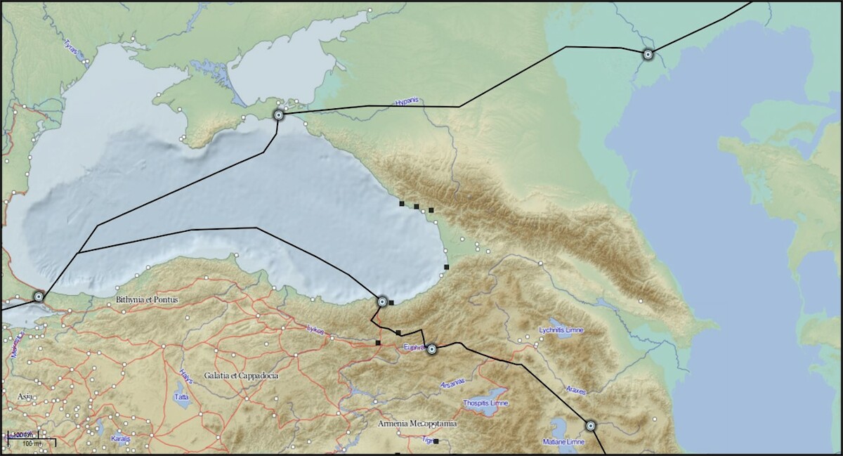Śródziemnomorski odcinek Szlaku Jedwabnego w antyku i wczesnym średniowieczu. Źródło: <a href='https://www.imperium.ahlfeldt.se/' rel='noopener'>Digital Atlas of the Roman Empire</a>.