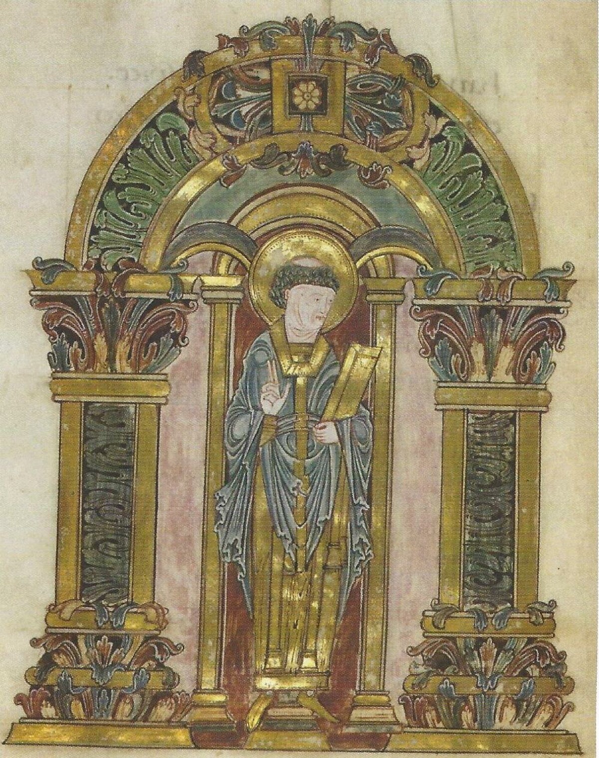 Święty Switun na ilustracji z Benedykcjonału Etewolda I, London, BL, Ms Add. 19598, Fol 90V . Żródło: <a href='https://en.wikipedia.org/wiki/Swithun#/media/File:St_Swithun,_Benedictional_of_%C3%86thelwold,_London,_BL,_Ms_Add._19598,_Fol_90V.jpg'>domena publiczna</a>)