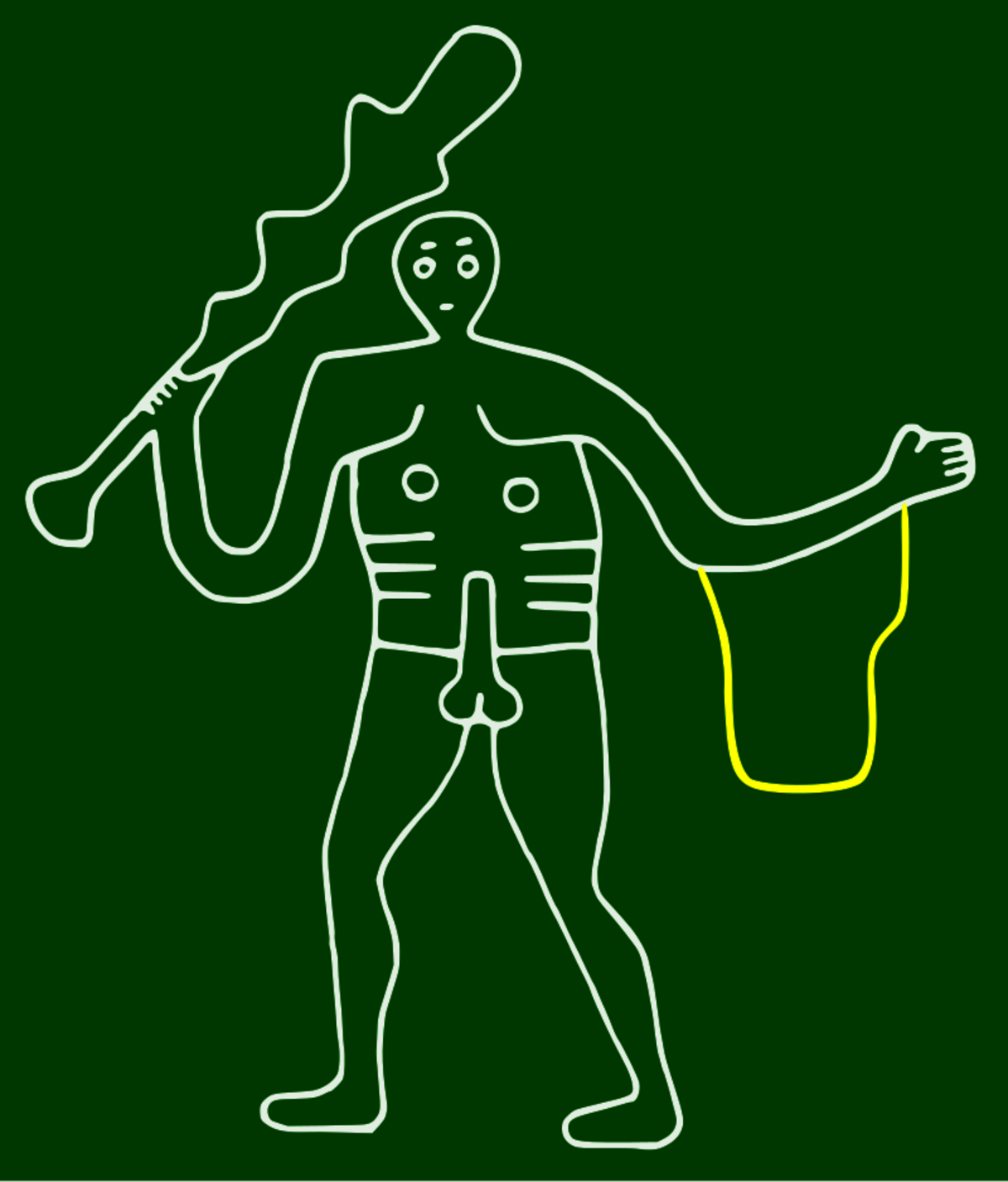 Rekonstrukcja oryginalnego wyglądu giganta, przez <a href='//commons.wikimedia.org/wiki/User:ANGELUS'> ANGELUS</a> - <a href='https://creativecommons.org/licenses/by-sa/3.0/'>CC BY-SA 3.0</a>, <a href='https://en.wikipedia.org/wiki/Cerne_Abbas_Giant#/media/File:Cerne_Abbas_Giant_(obliterated_section_restored).svg'>Link</a>.