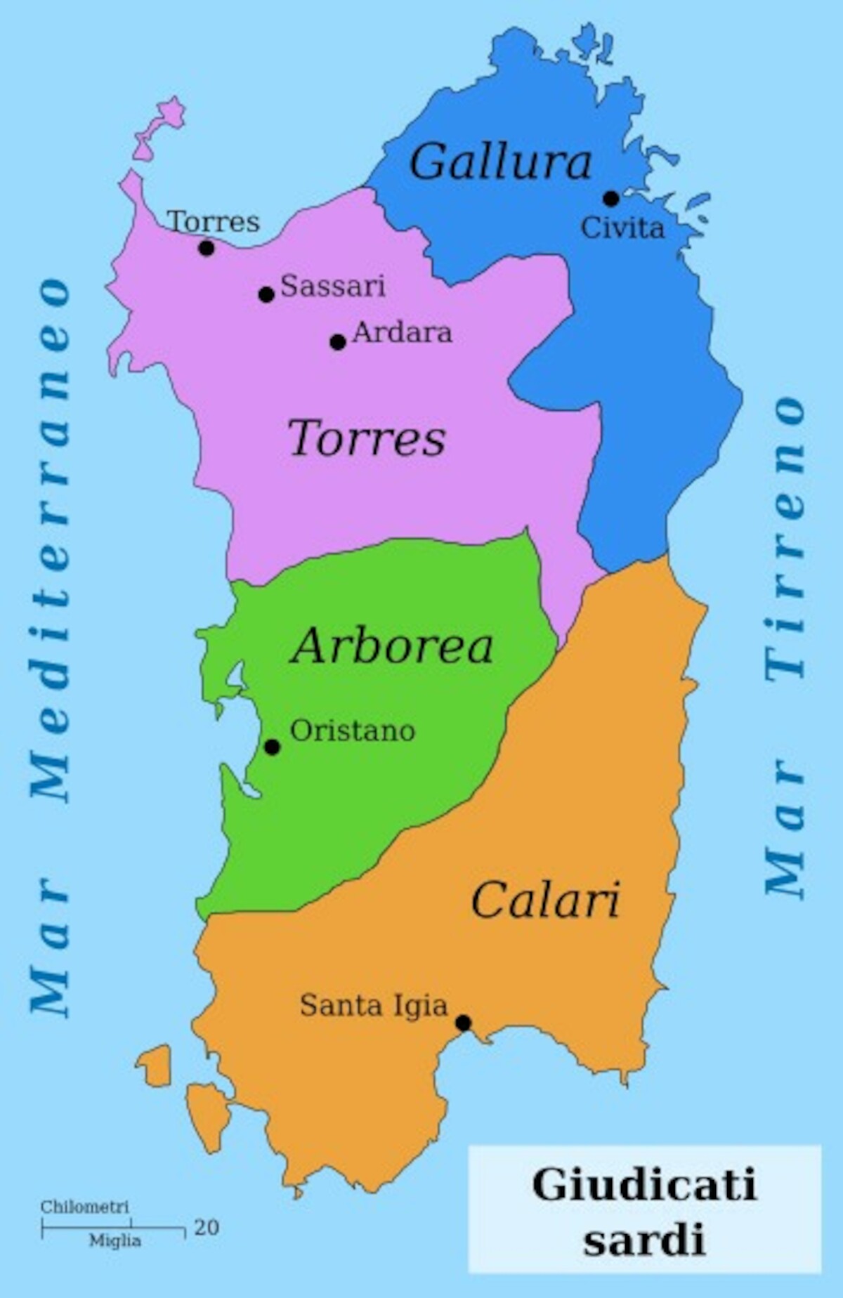 Wczesnośredniowieczny podział Sardynii na cztery giudicati (<a href='https://en.wikipedia.org/wiki/Sardinia#/media/File:Giudicati_sardi_2.svg'>WIkipedia Commons</a>).