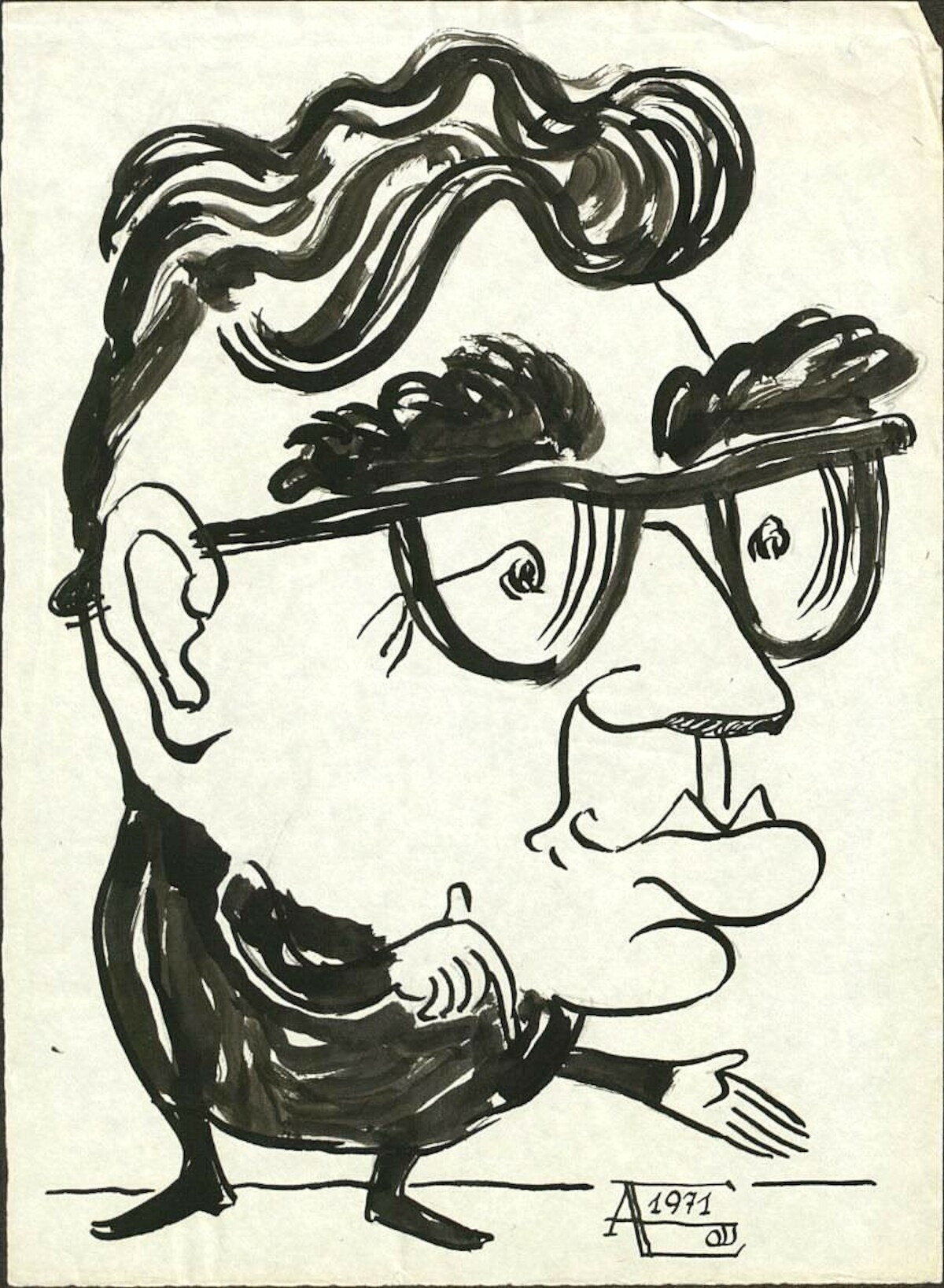 Prof. Janusz Bieniak w karykaturze (1971 r.). Źródło: <a href='https://www.historia.umk.pl/panel/wp-content/uploads/90_lat_prof_bieniak.pdf'>WNH UMK w Toruniu</a>.