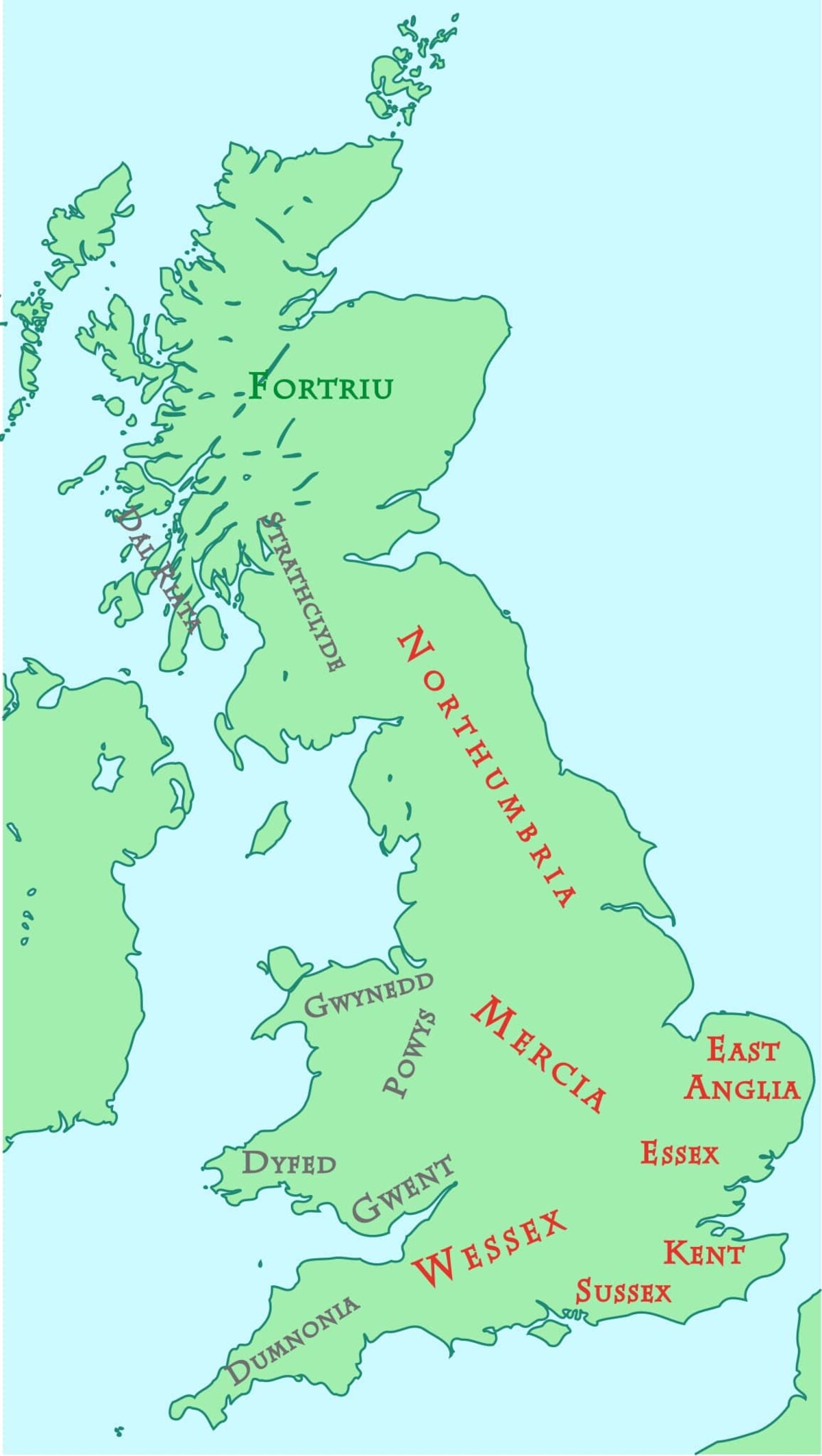 Heptarchia anglosaska: Northumbria, Mercja, Wschodnia Anglia, Essex, Wessex, Kent i Sussex (kolor czerwony). Źródło: <a href='https://upload.wikimedia.org/wikipedia/commons/thumb/1/1e/British_kingdoms_c_800.svg/1156px-British_kingdoms_c_800.svg.png'>domena publiczna</a>.