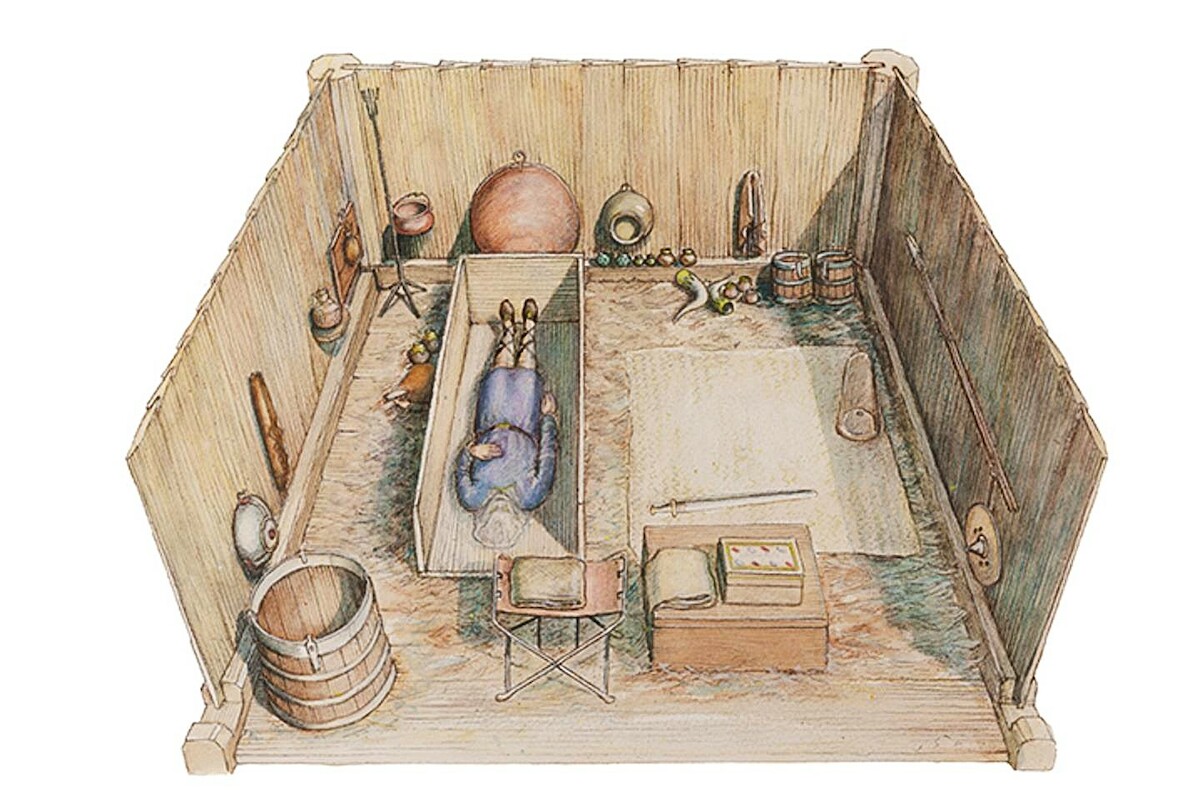 Rekonstrukcja pochówku książęcego z Prittlewell w Esseksie. Źródło: <a href='https://www.southendmuseums.co.uk/princely-burial'>Southend Museums</a>.