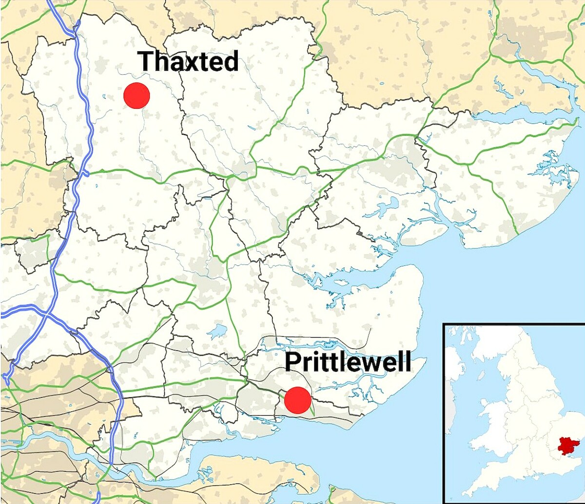 Lokalizacja Thaxted i Prittlewell w hrabswie Essex. Źródło: <a href='https://en.wikipedia.org/wiki/File:Essex_UK_location_map.svg'>domena publiczna</a>.