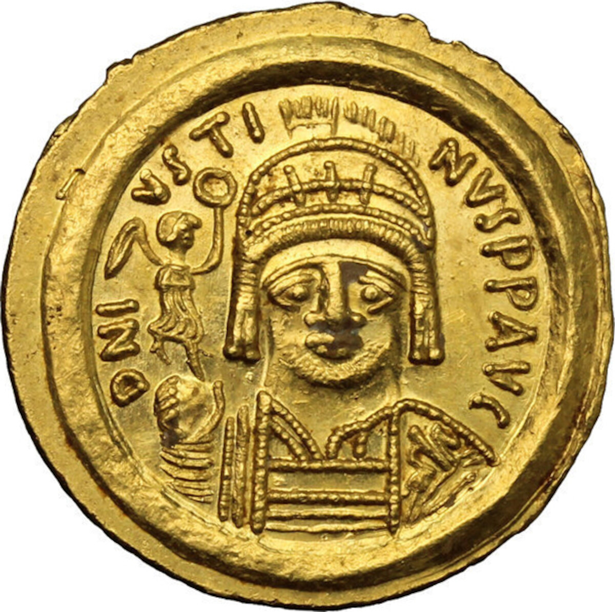 Rewers złotego solida Justyna II (520-578). Źródło: <a href='https://en.wikipedia.org/wiki/Justin_II#/media/File:Solidus_of_Justin_II_(obverse).jpg'>domena publiczna</a>.