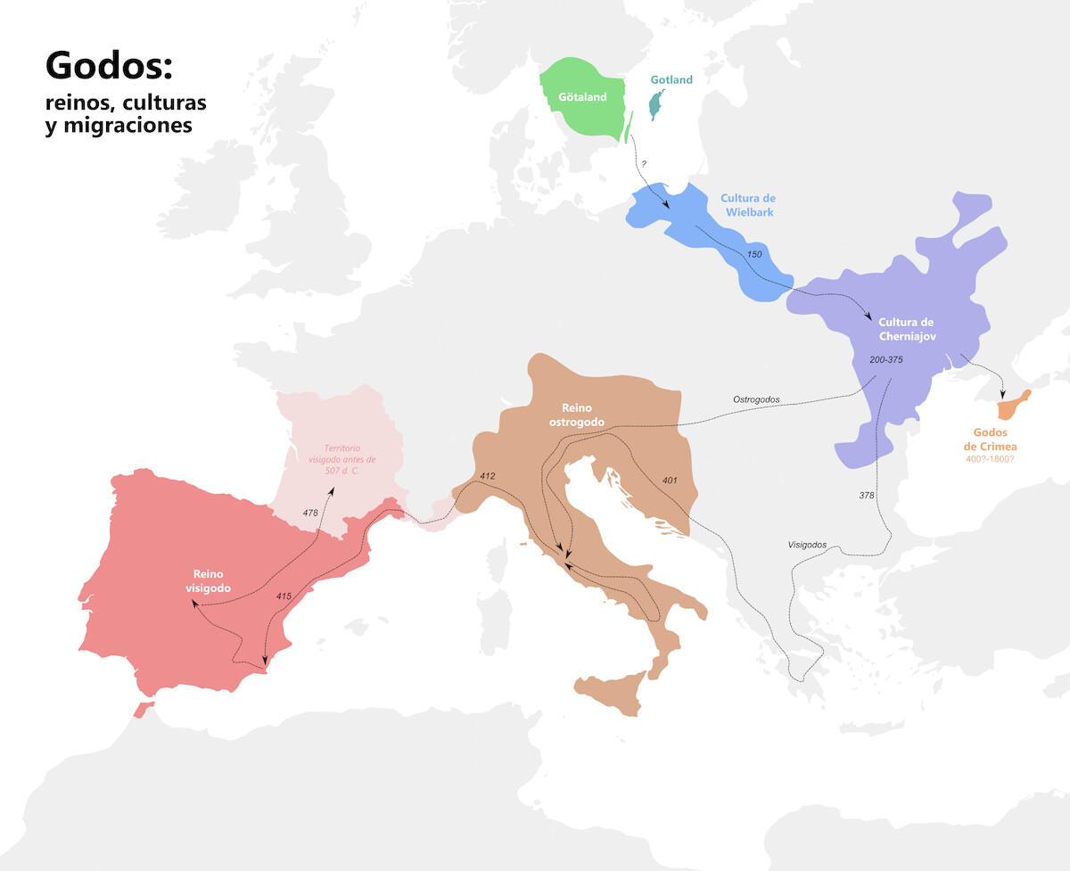Kierunki migracji oraz fazy konsolidacji Gotów w I-VIII w. Źródło: <a href='https://upload.wikimedia.org/wikipedia/commons/8/83/Godos._Reinos%2C_culturas_y_migraciones.svg'>domena publiczna</a>.