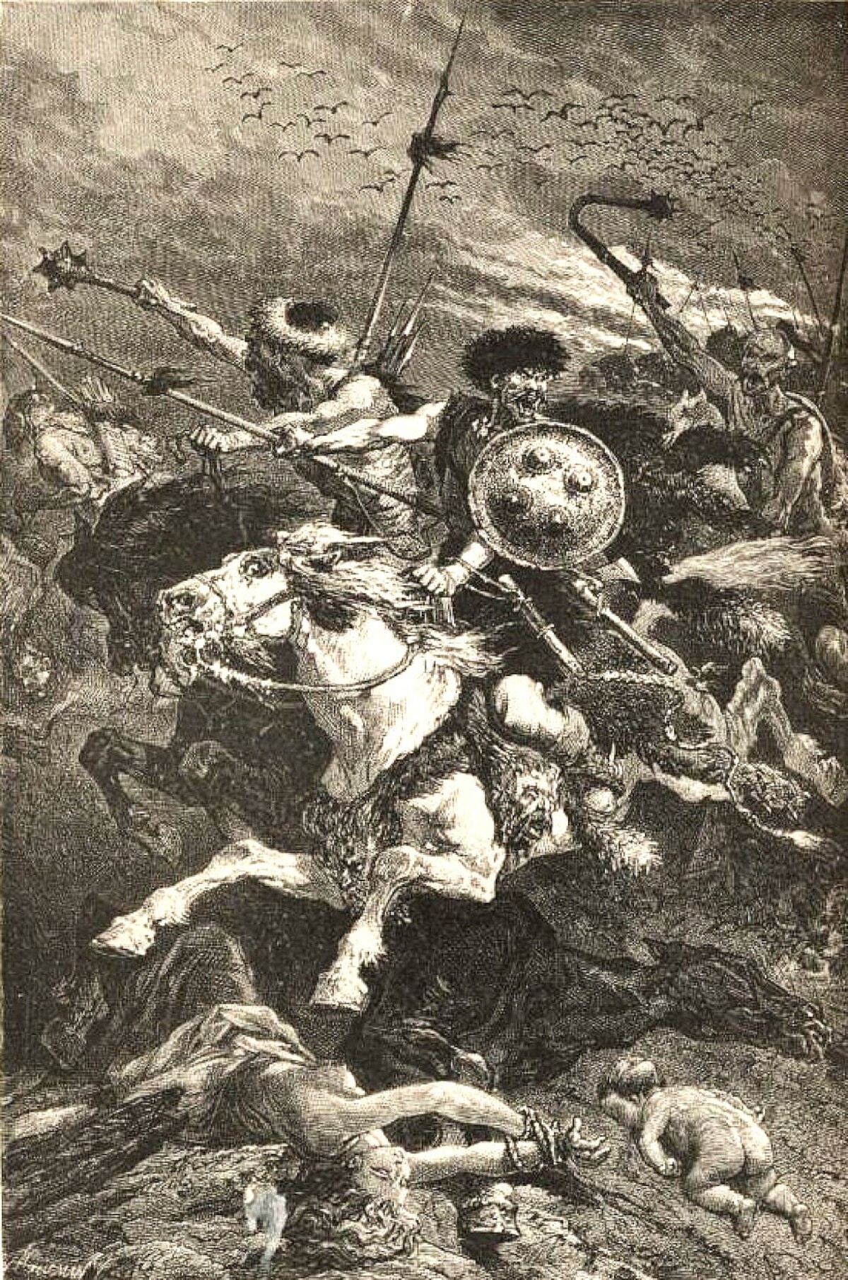 Hunowie podczas bitwy na Polach Katalaunijskich. Obraz Alphonse-Marie-Adolphe'a de Neuville'a (1835-1885). Źródło: <a href='https://pl.wikipedia.org/wiki/Bitwa_na_Polach_Katalaunijskich_(451)#/media/Plik:De_Neuville_-_The_Huns_at_the_Battle_of_Chalons.jpg'>domena publiczna</a>.