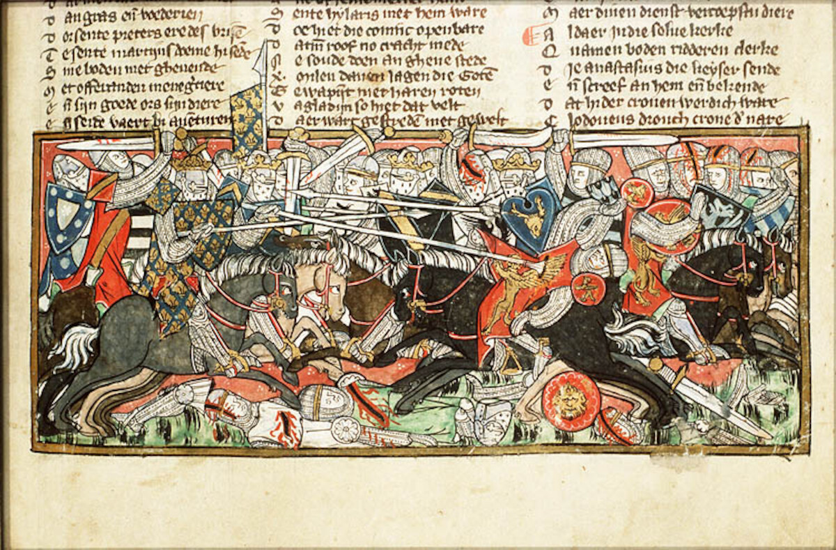 Bitwa pod Vouillé między wojskami Chlodwig i Wizygotami (manuskrypt z 1325-1335, Niderlandzka Biblioteka Narodowa). Źródło: <a href='https://fr.wikipedia.org/wiki/Bataille_de_Vouill%C3%A9#/media/Fichier:Battle_between_Clovis_and_the_Visigoths.jpg'>domena publiczna</a>.