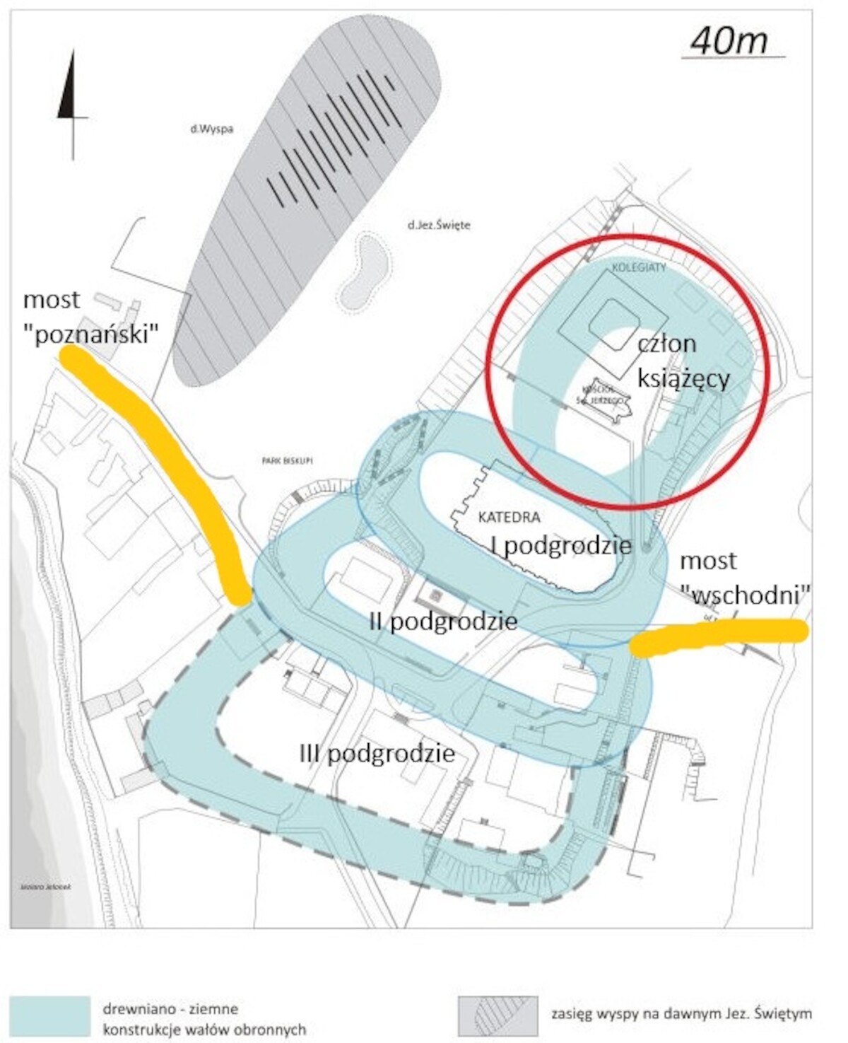 Gnieźnieński zespół grodowy na Górze Lecha; w czerwonym kółku zaznaczono człon książęcy grodu. Rys. Łucja Drzewiecka-Ranoszek