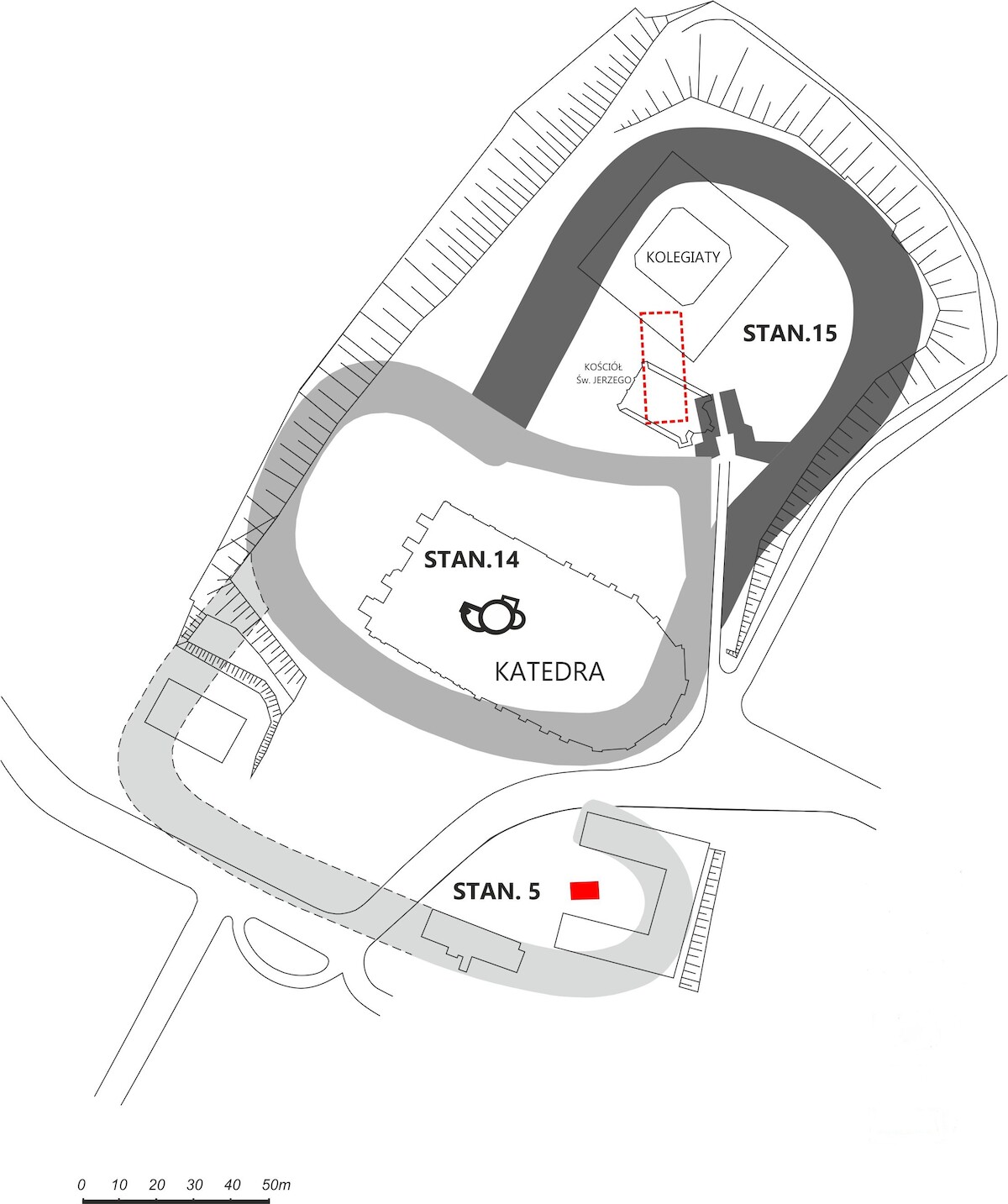 Nowsza wersja rekonstrukcyjna zespołu grodowego w Gnieźnie z uwzględnieniem odkrytej bramy prowadzącej do członu książęcego. Czerwoną przerywaną linią zaznaczono hipotetyczną lokalizację poszukiwanego palatium wczesnopiastowskiego. Rys. Łucja Drzewiecka-Ranoszek