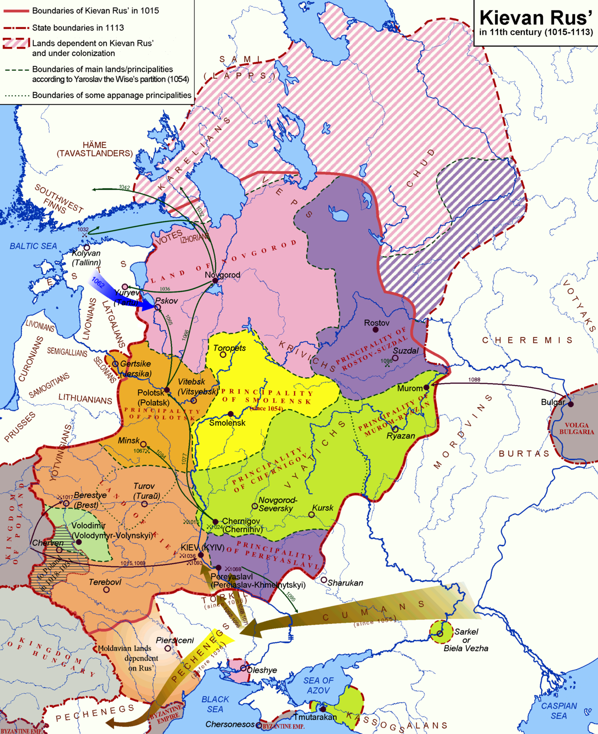 Mapa domeny Rurykowiczów w XI w., czyli w okresie powstawania Powieści dorocznej. Rys. Yuri Koryakov/<a href=https://creativecommons.org/licenses/by-sa/2.5/deed.pl>CC BY-SA 2.5</a>. Źródło: <a href=https://w.wiki/J9us>Wikimedia Commons</a>