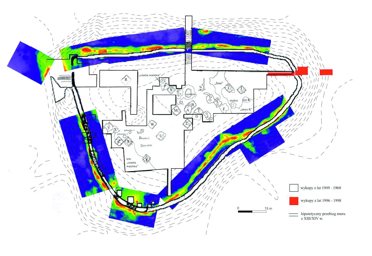 Wiślica-Grodzisko. Mapa rozkładu izolinii oporności pozornych przedstawiona w skali barwnej (rainbow) na tle rozkładu uchwyconych w trakcie badań wykopaliskowych reliktów zabudowy wnętrza grodu wczesnośredniowiecznego. Opracowanie Nina Glińska.